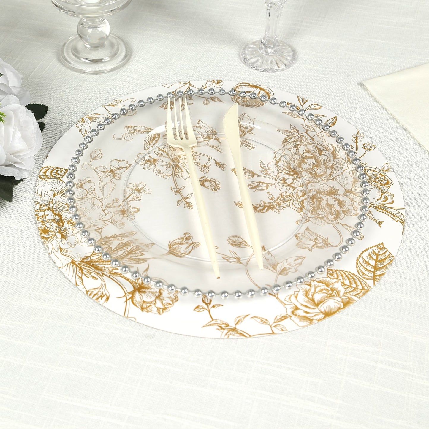 6-Pack Disposable Table Placemats in French Toile Print 13" in White/Gold - Chic Floral Cardboard Placemats for Stylish Table Setting