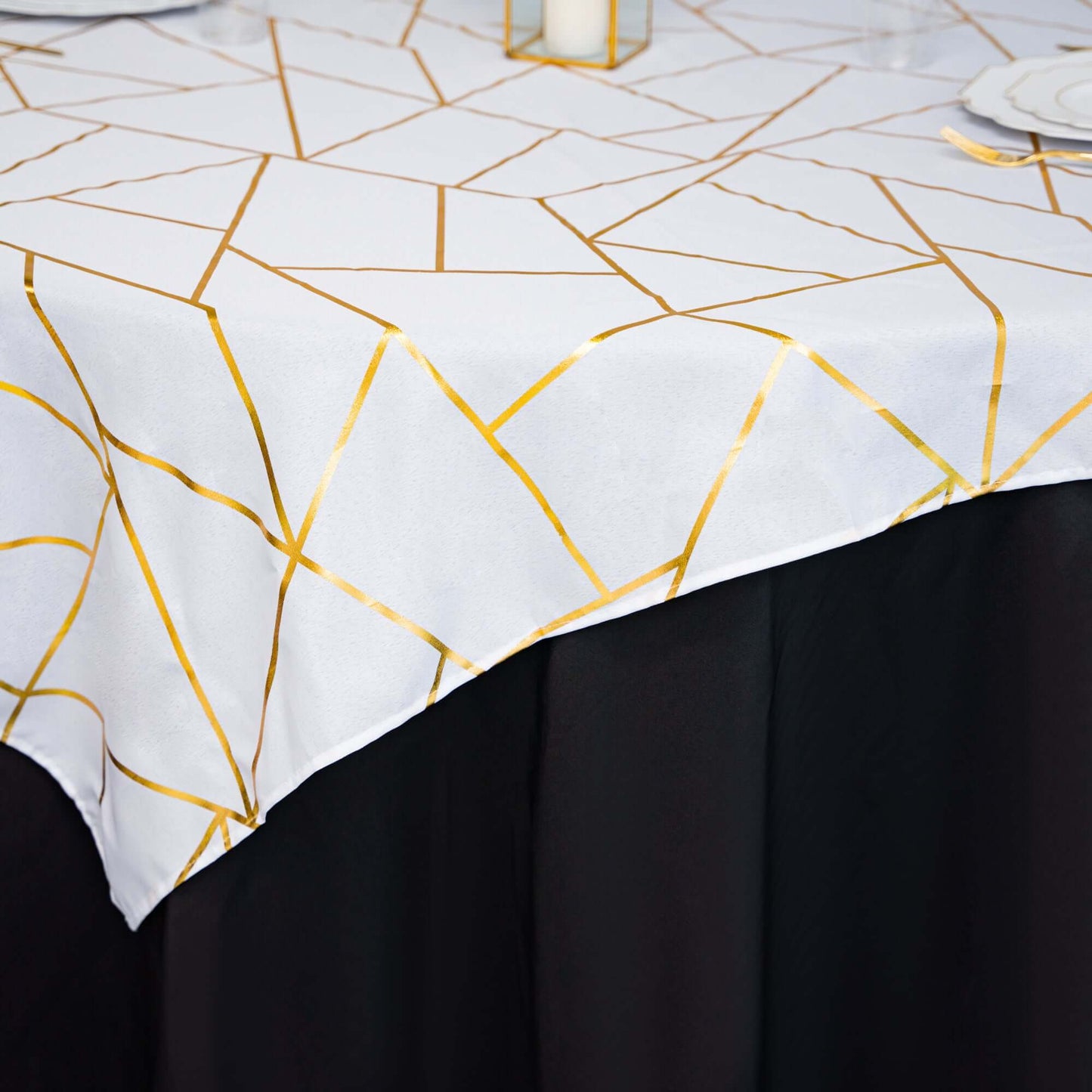 Polyester 54"x54" Table Overlay Square Tablecloth White with Gold Foil Geometric Pattern - Wrinkle-Resistant & Durable for Stylish Settings