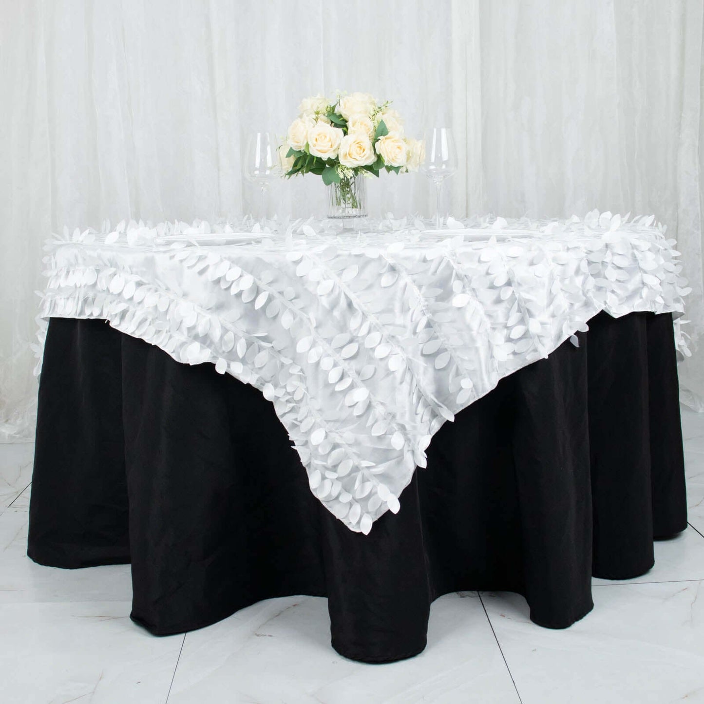 Taffeta 72"x72" Table Overlay Square Tablecloth White 3D Leaf Petal Design for Stylish Celebrations