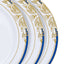 10-Pack Plastic 10" Round Dinner Plates in White with Royal Blue Rim - Stylish Gold Vine Design Disposable Party Plates for Special Occasions & Celebrations