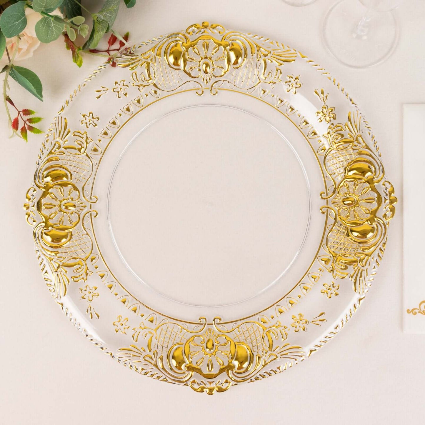 6-Pack Plastic Round Charger Plates 13" in Clear with Gold Florentine Embossed Rim, Exquisite Dinner Serving Plates