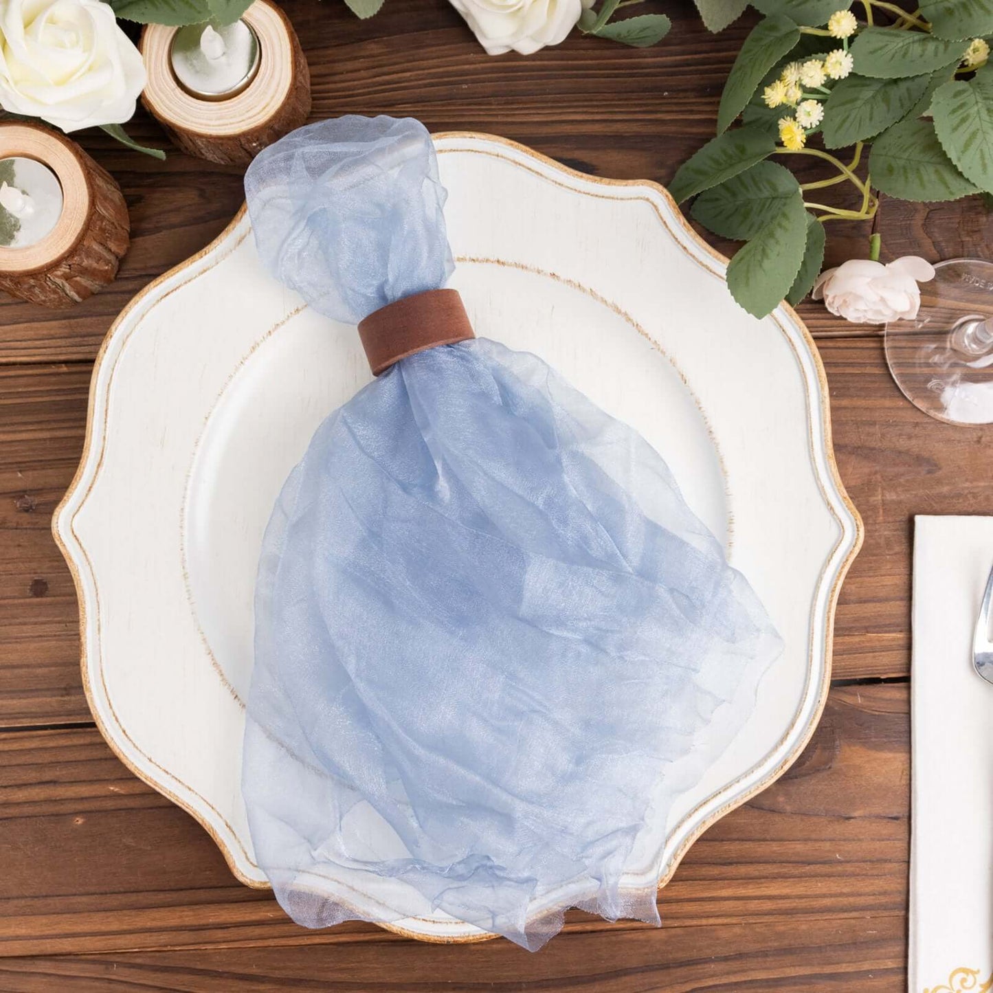 5 Pack Crinkled Organza 21"x21" Napkins Dusty Blue - Rustic Style Dinner & Party Napkins