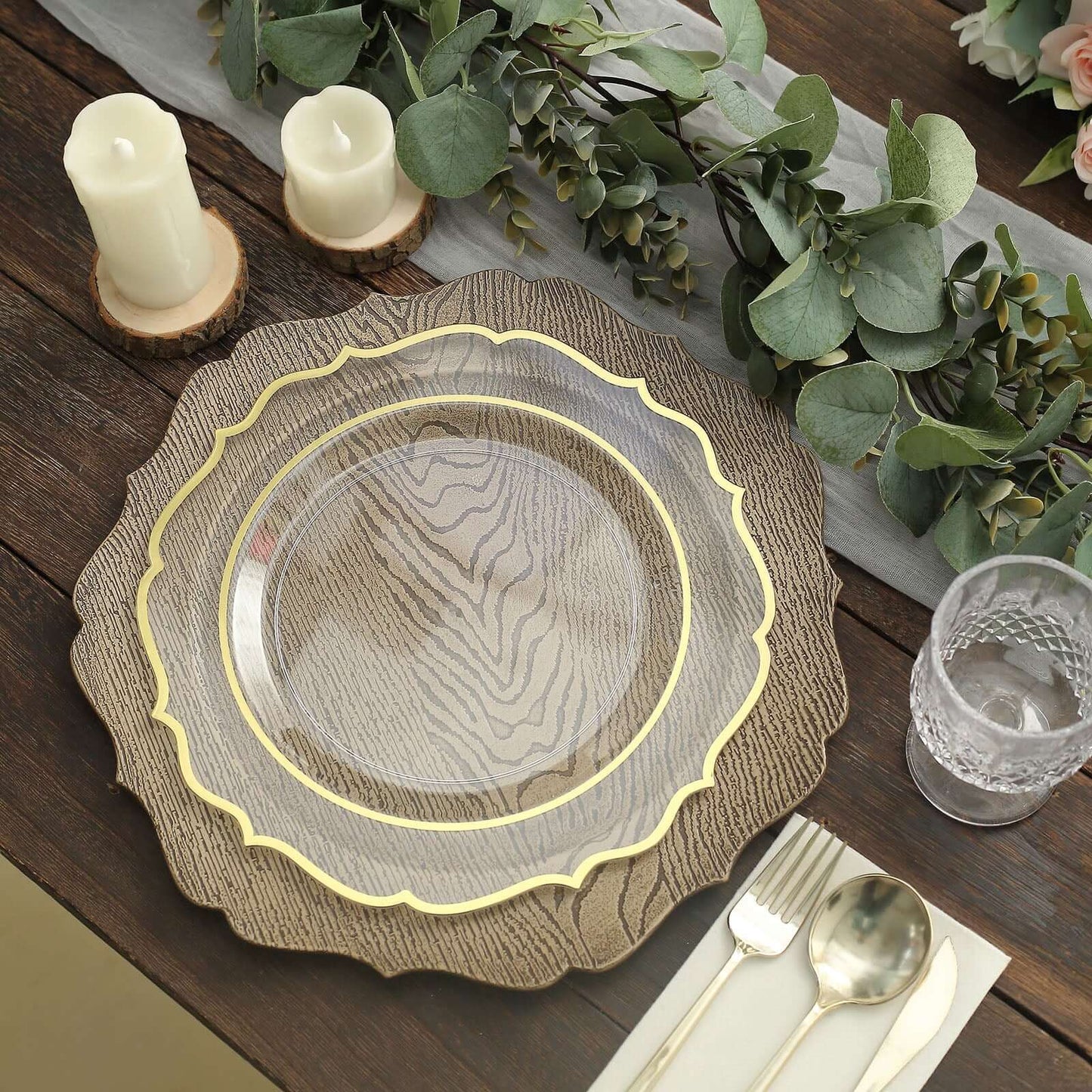 6-Pack Acrylic Round Charger Plates 13" in Rustic Natural with Wood Grain Scalloped Rim, Decorative Dinner Party Charger Tableware