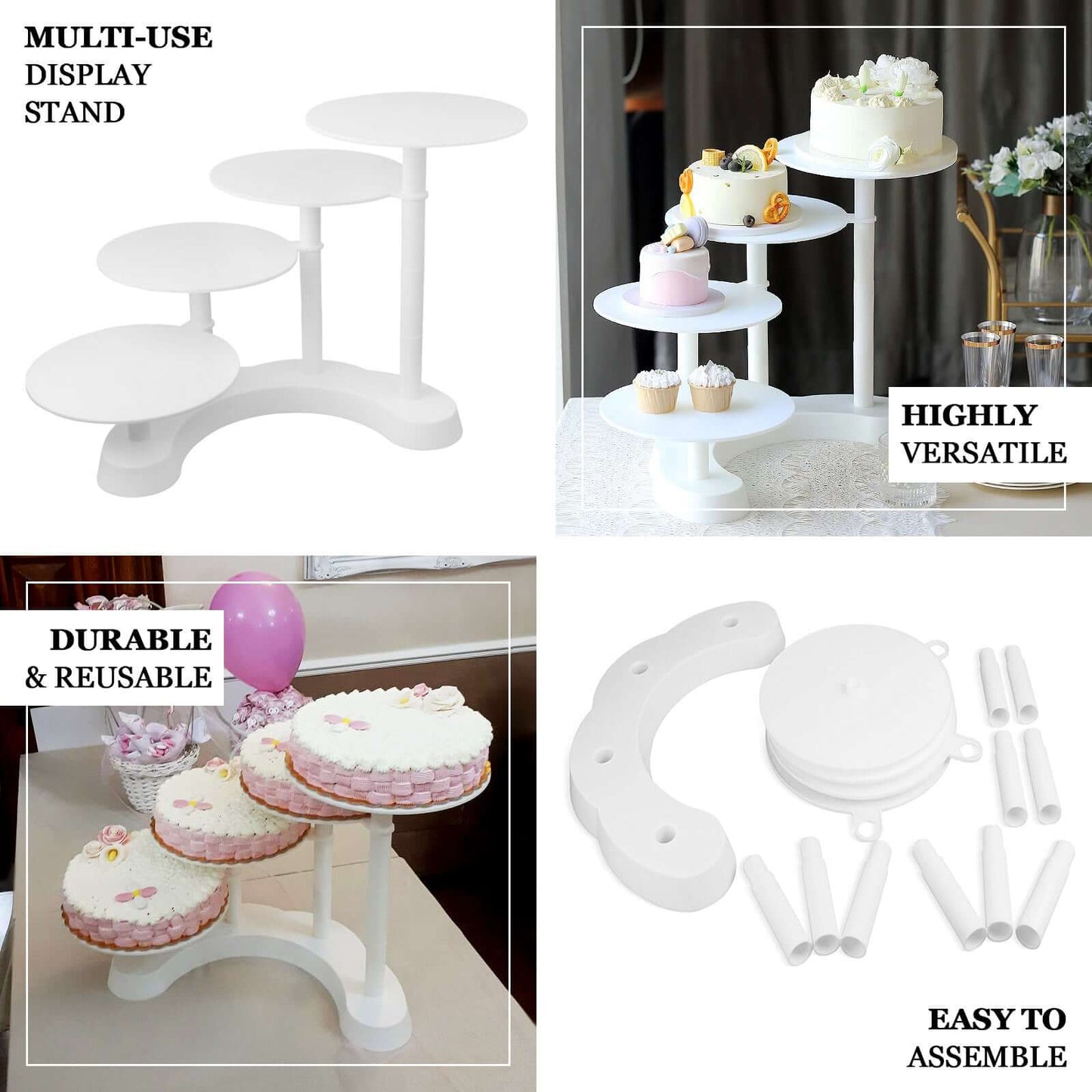 4-Tier Plastic Cake Stand with Half Moon Base White for Weddings Tea Parties & Home Gatherings 17"