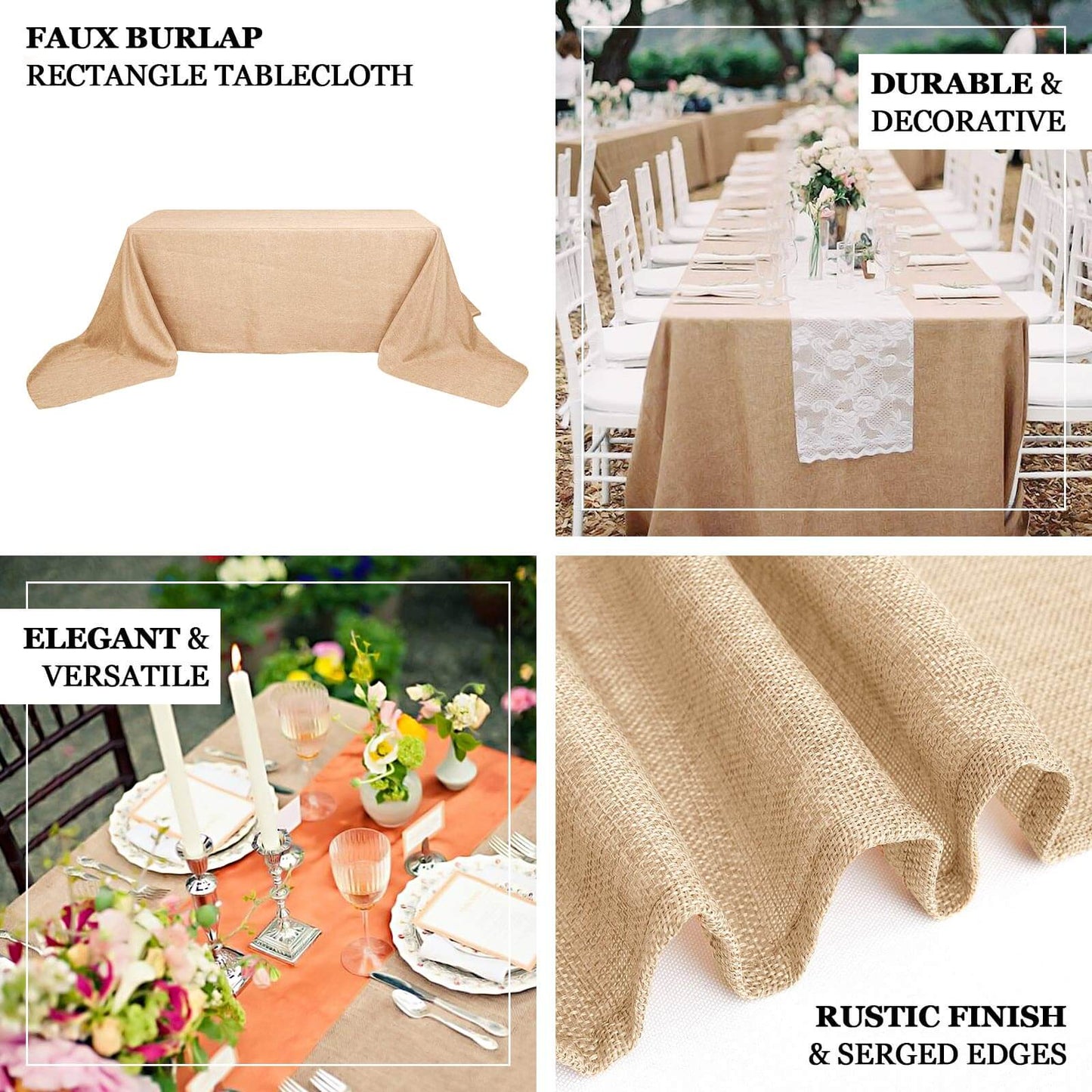 Faux Burlap Jute 60"x126" Rectangle Tablecloth Natural - Rustic Event Table Linen