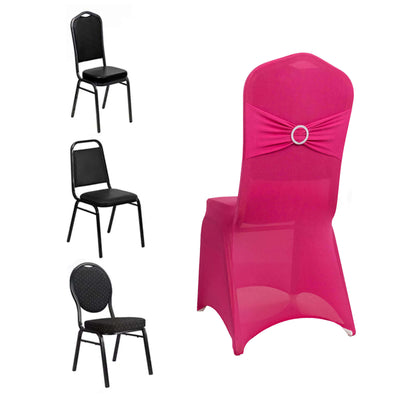 Spandex Chair Cover with Silver Rhinestone Buckled Sash Band Fuchsia - Stretch Fitted Slipcover