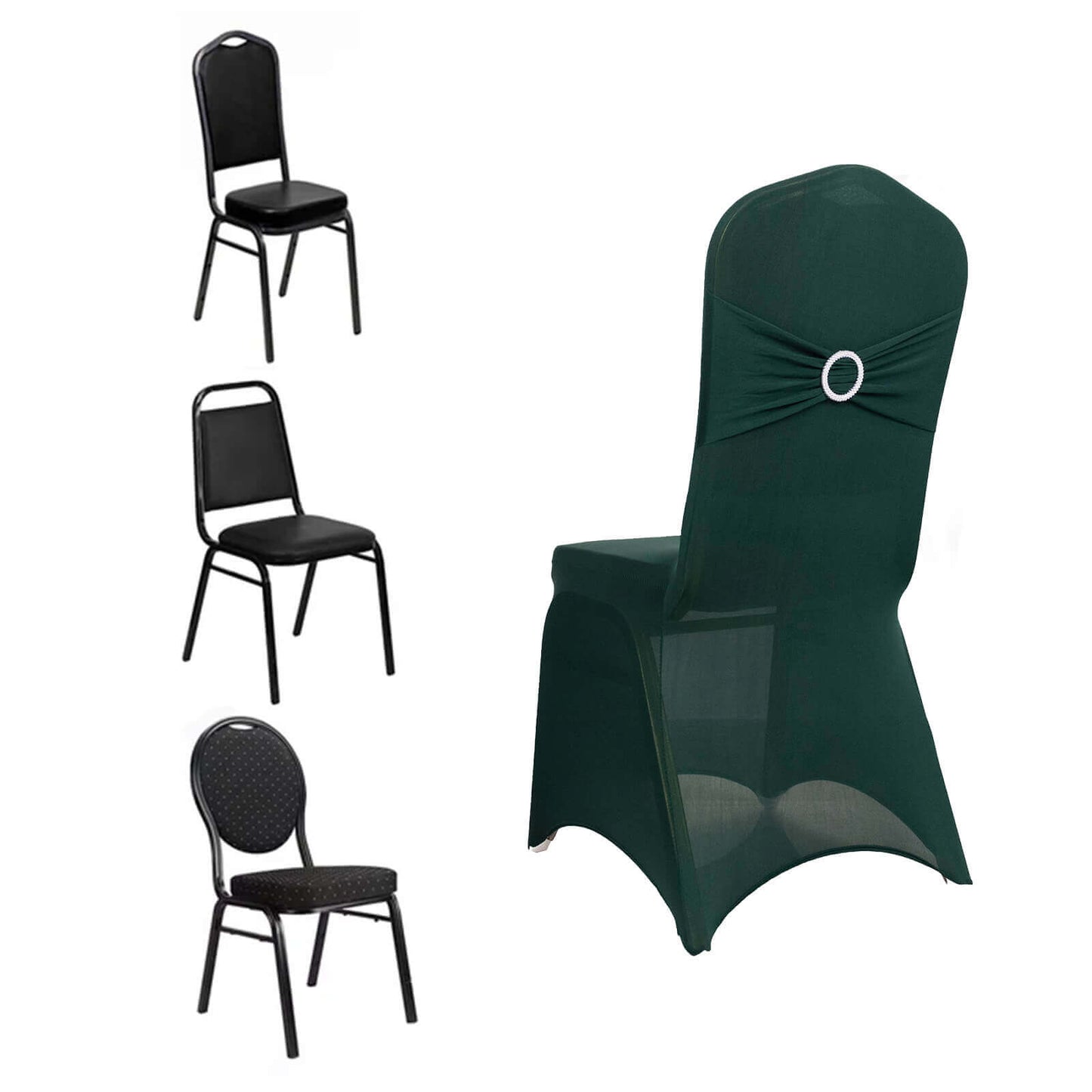 Spandex Chair Cover with Silver Rhinestone Buckled Sash Band Hunter Emerald Green - Stretch Fitted Slipcover