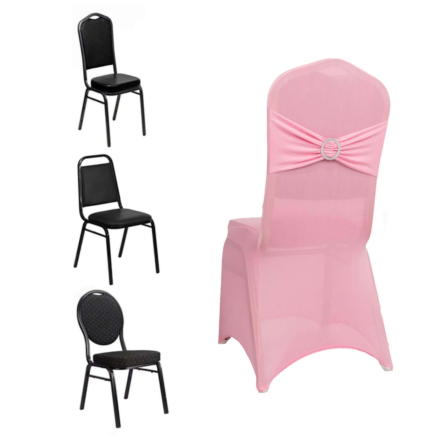 Spandex Chair Cover with Silver Rhinestone Buckled Sash Band Pink - Stretch Fitted Slipcover