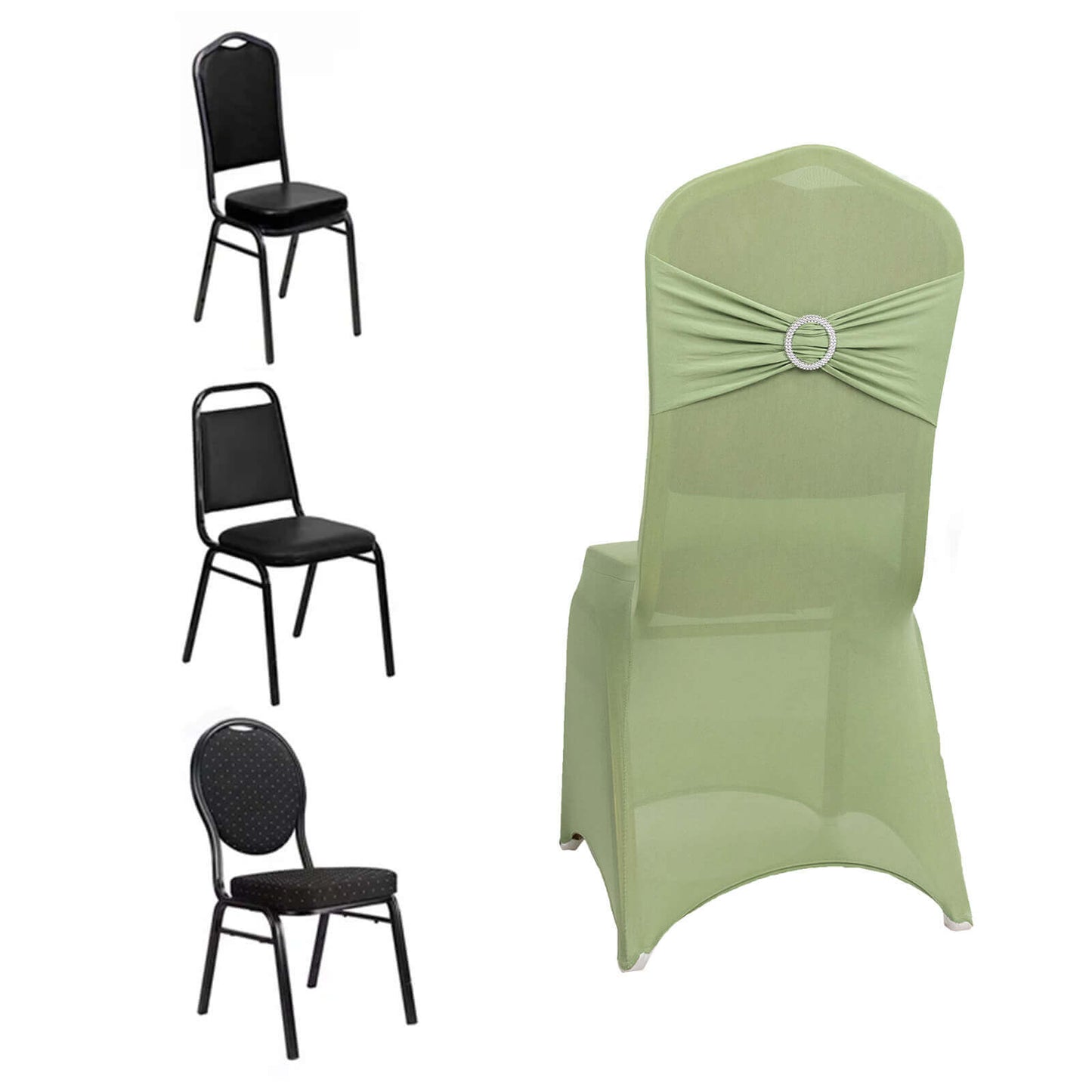 Spandex Chair Cover with Silver Rhinestone Buckled Sash Band Sage Green - Stretch Fitted Slipcover