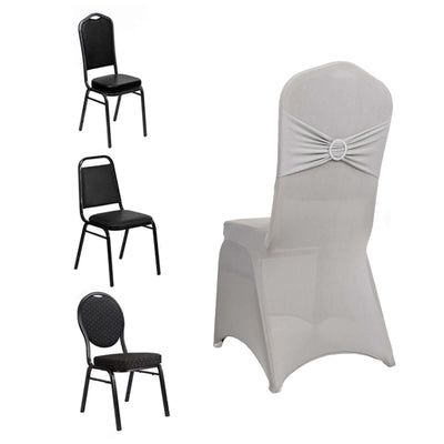 Spandex Chair Cover with Rhinestone Buckled Sash Band Silver - Stretch Fitted Slipcover