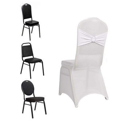 Spandex Chair Cover with Silver Rhinestone Buckled Sash Band White - Stylish Stretch Fitted Slipcover for Banquets & Events