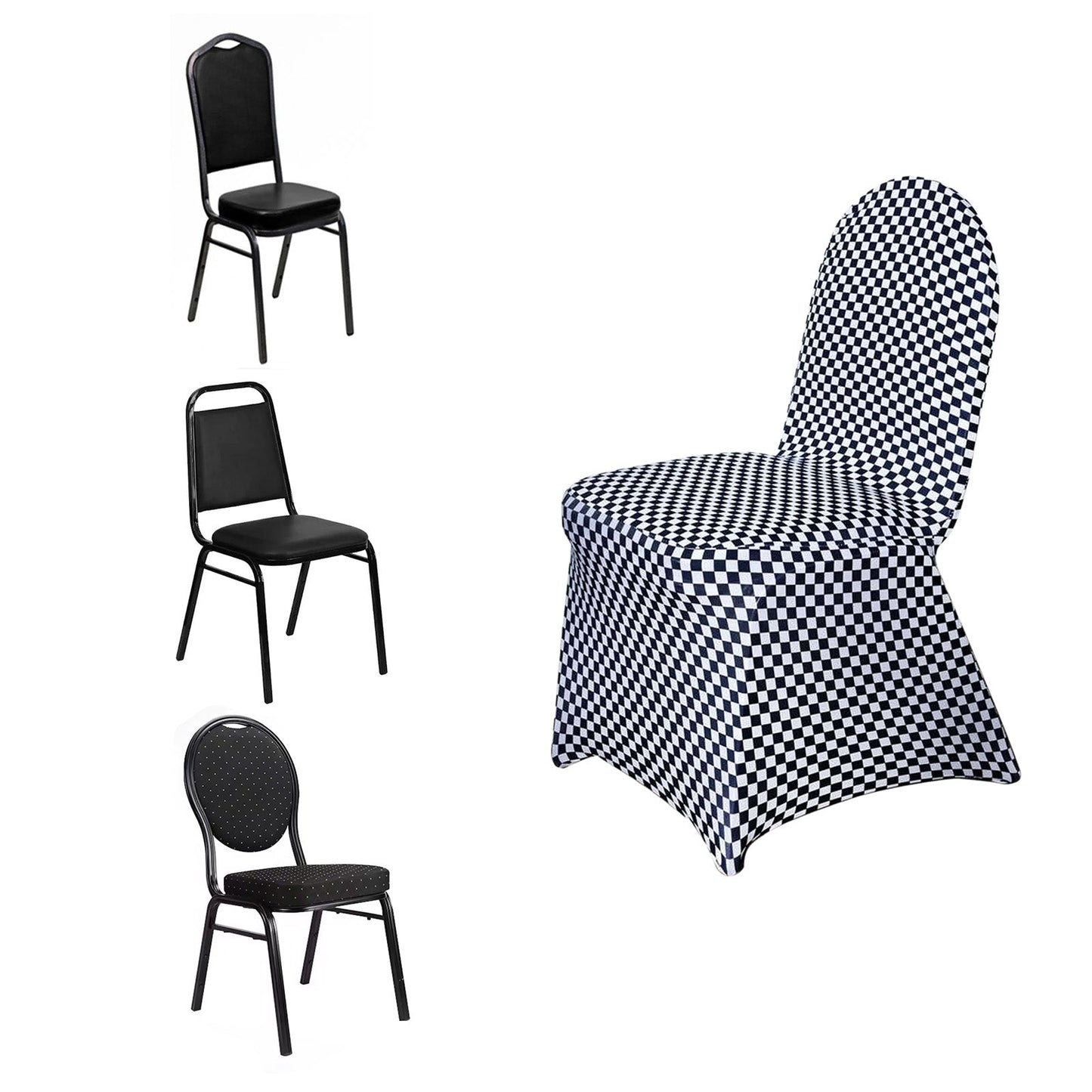 Spandex Chair Covers for Banquet Chairs Black/White Buffalo Plaid - Stylish Fitted Checkered Slipcovers for Weddings & Gatherings