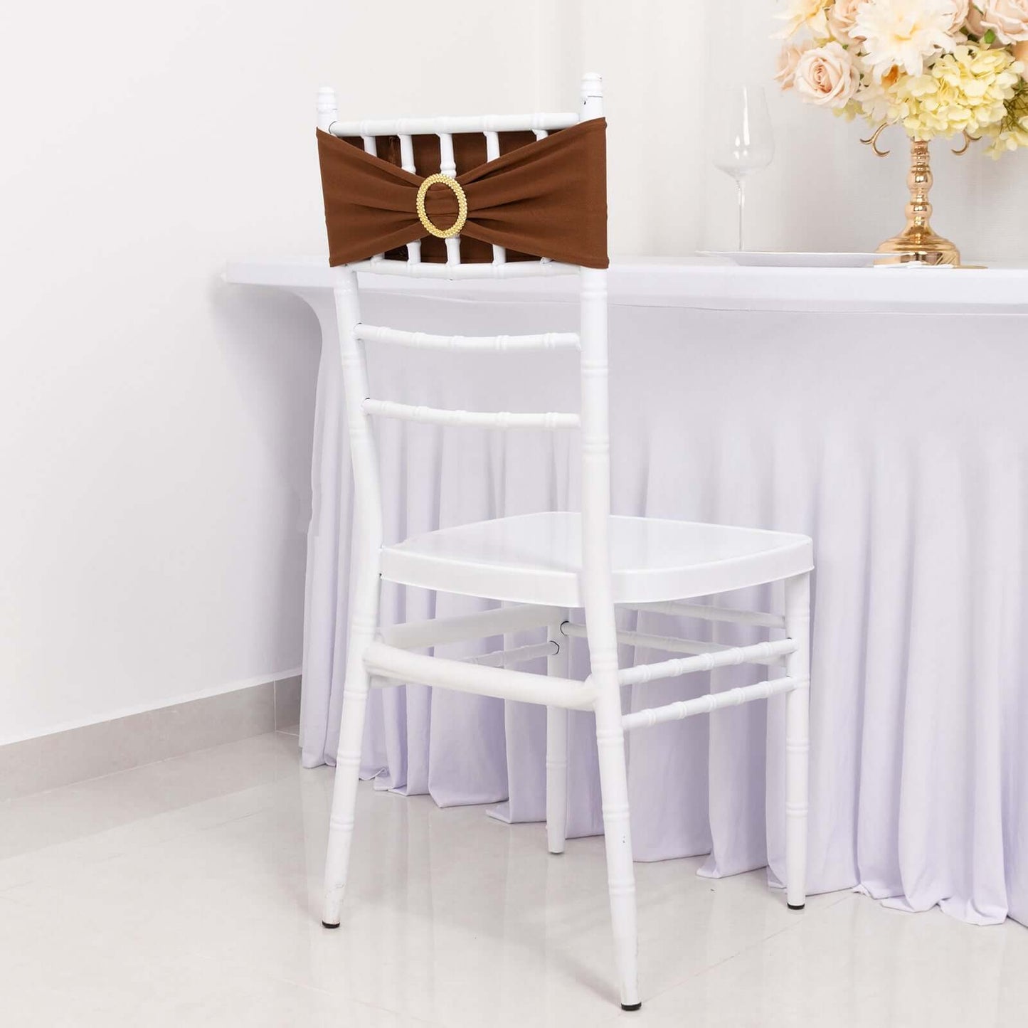 5 Pack Spandex Chair Sashes Cinnamon Brown with Gold Rhinestone Buckles - Reusable Four-Way Stretch Sash Bands 5"x14"