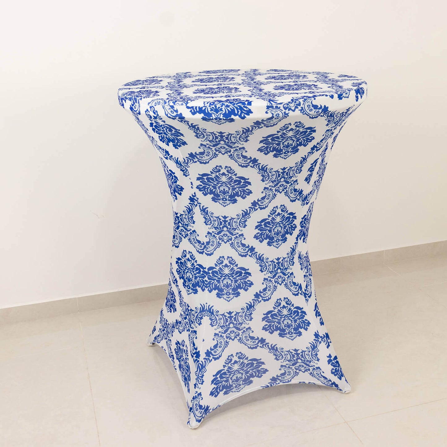Spandex 30" Round Cocktail Table Cover Royal Blue Damask Highboy Tables - Easy to Maintain Stretch Fitted Tablecloth