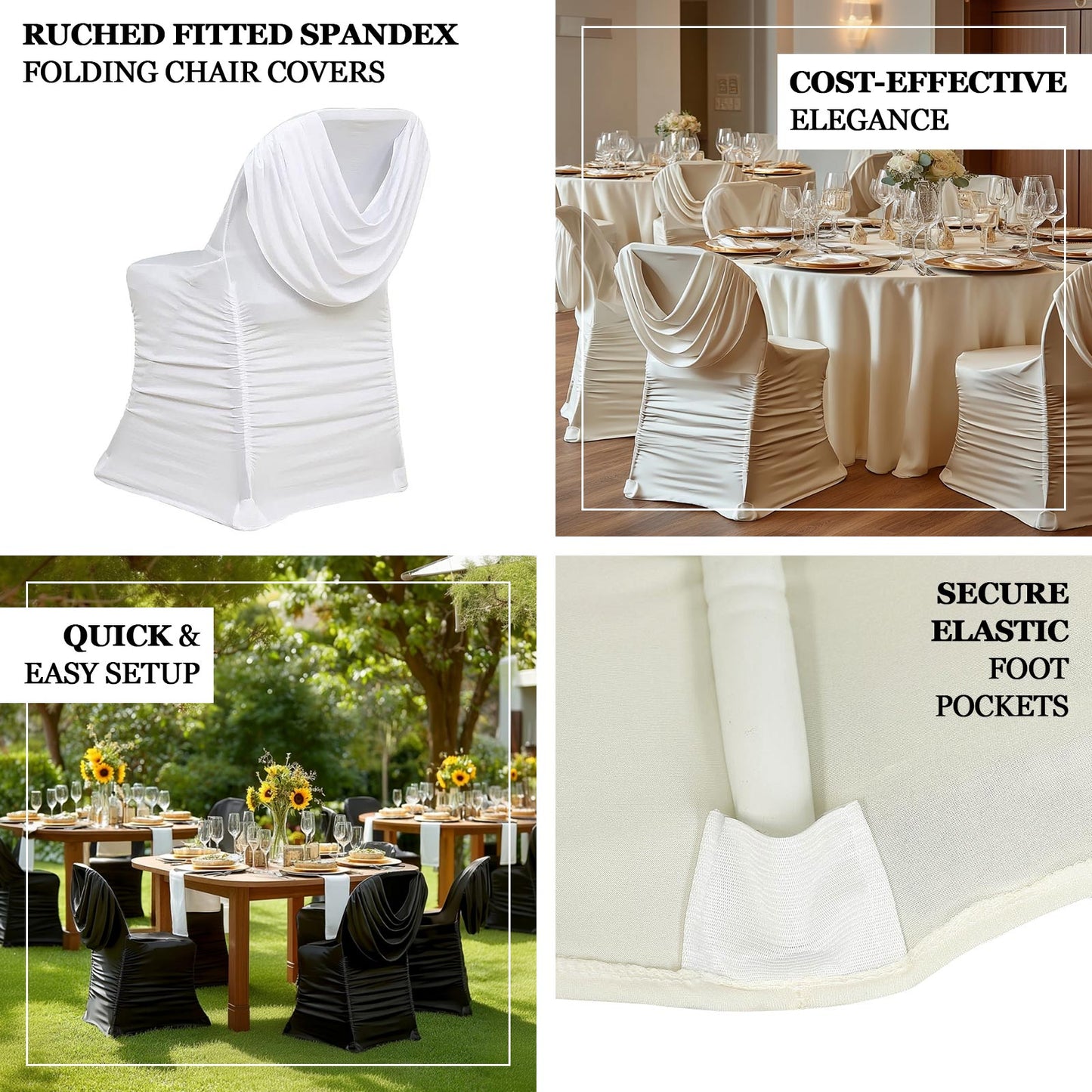 Spandex Folding Chair Cover White with Ruched Swag Back and Foot Pockets â€“ Fitted Stretch Slipcover - Chair Covers