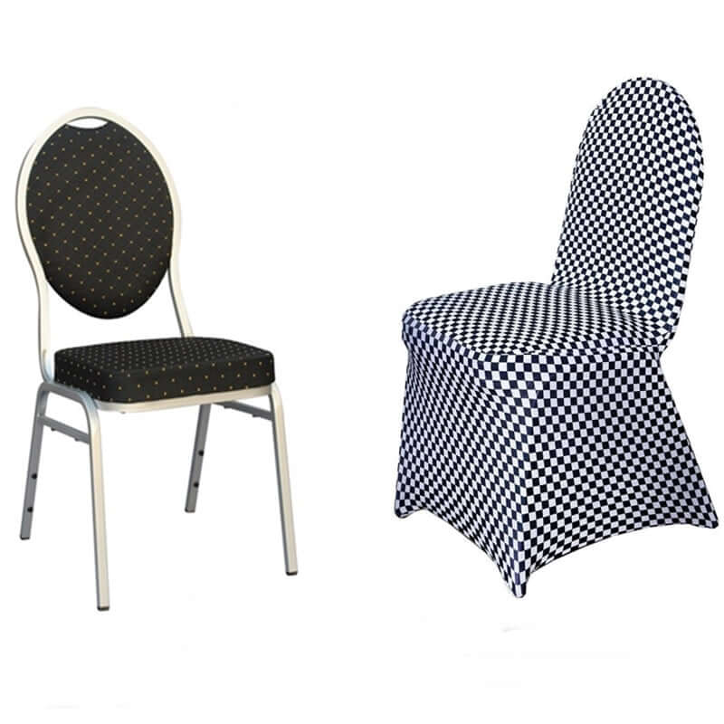 Spandex Chair Covers for Banquet Chairs Black/White Buffalo Plaid - Stylish Fitted Checkered Slipcovers for Weddings & Gatherings