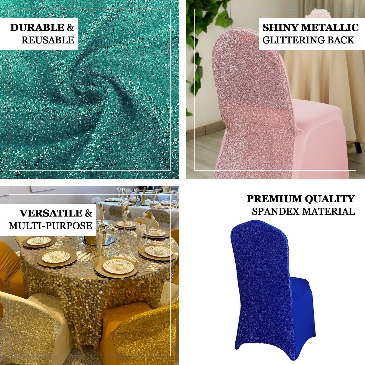 Spandex Chair Cover with Metallic Shimmer Tinsel Back for Banquet Chairs Silver - Fitted Slipcover