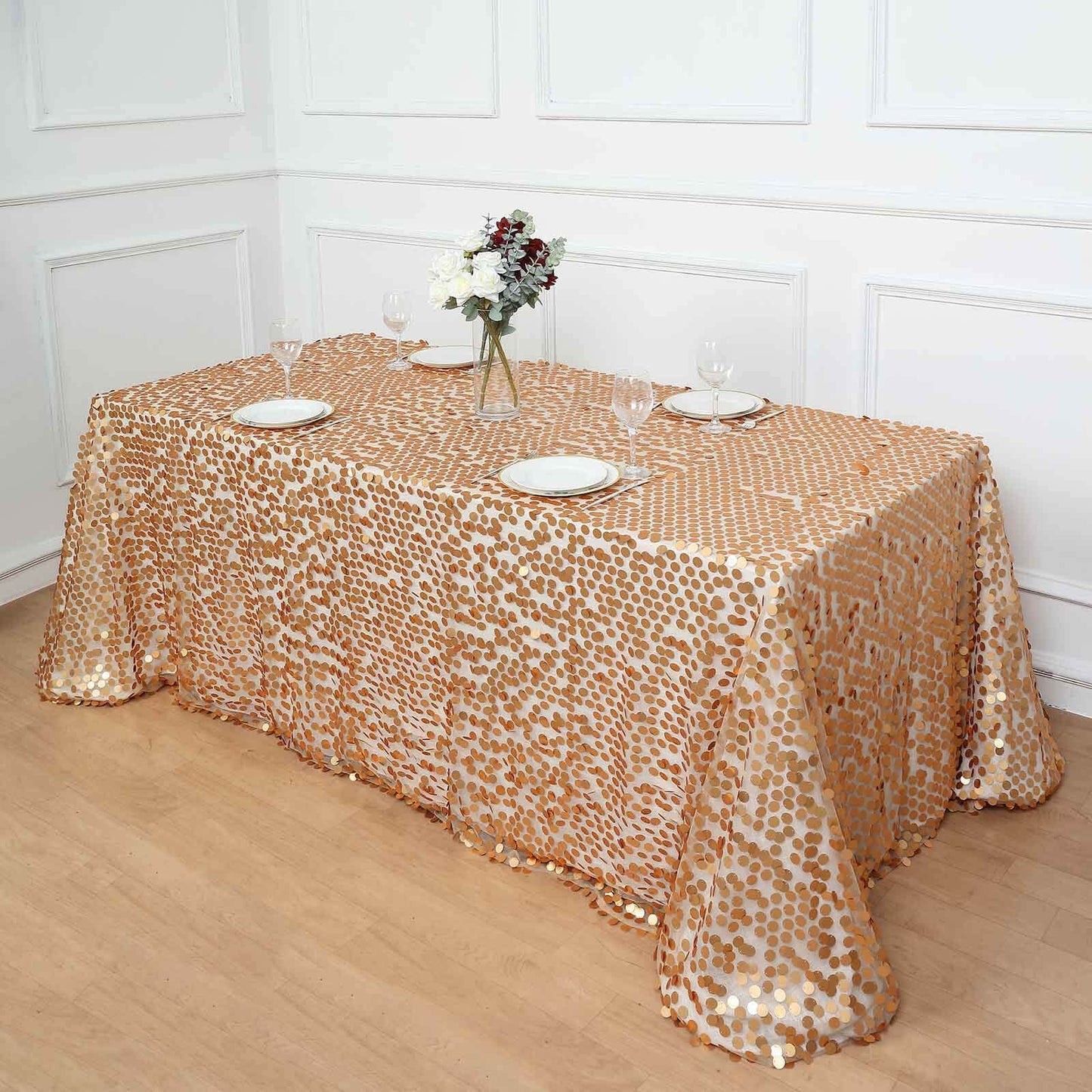 Sequin 90"x156" Rectangle Tablecloth Matte Champagne - Seamless Big Payette Table Cover