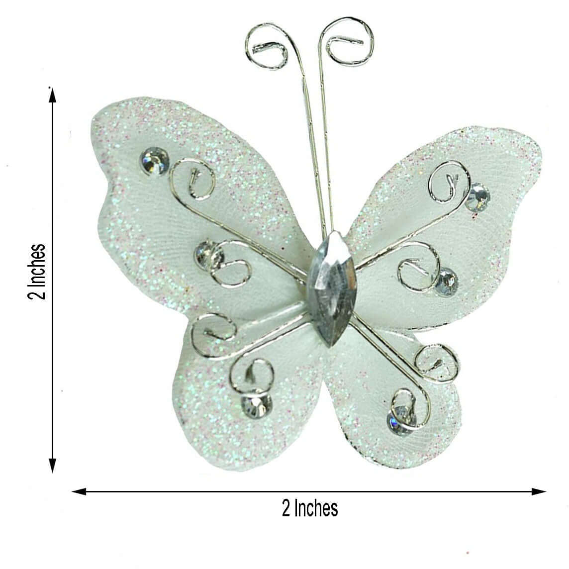 12 Pack 2" White Diamond Studded Wired Organza Butterflies