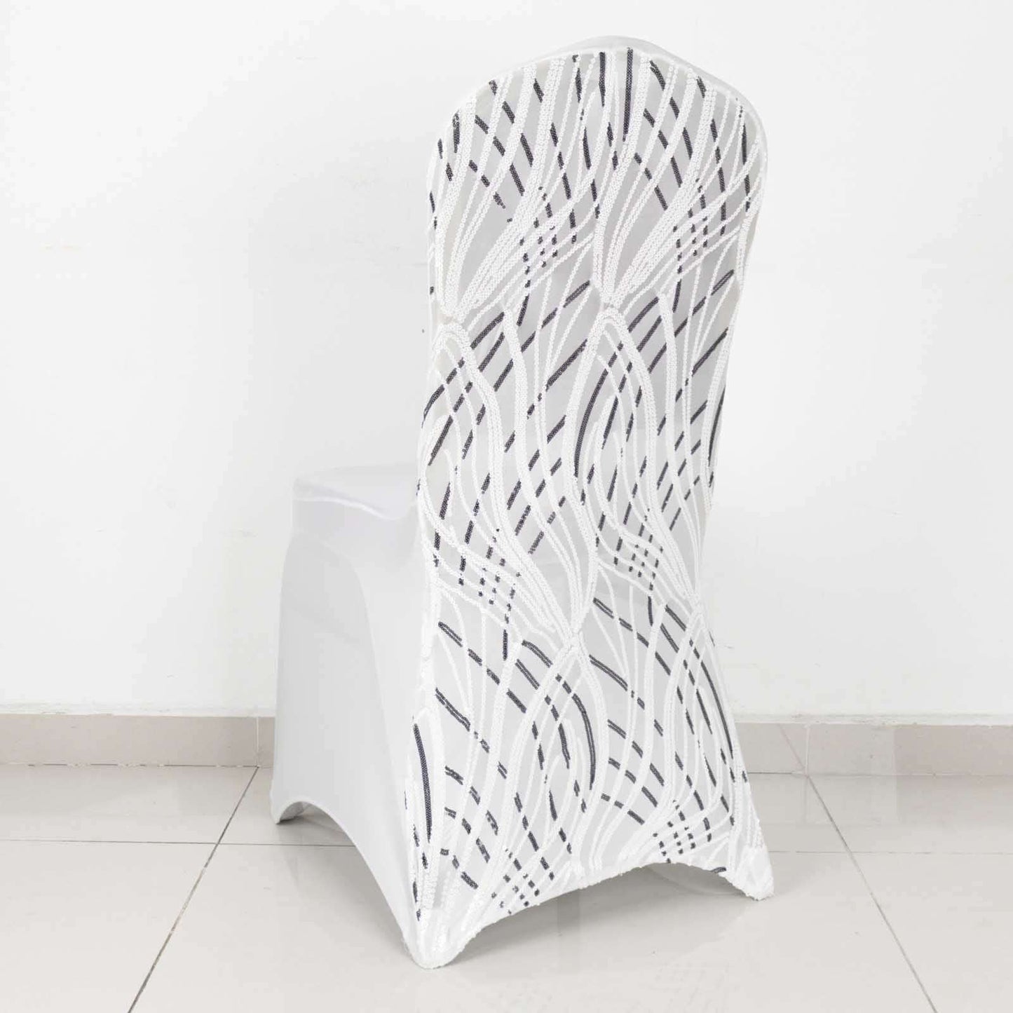 Spandex Chair Cover with Wave Embroidered Sequins for Banquet Chairs White/Black - Luxe Glittering Stretch Fitted Slipcover