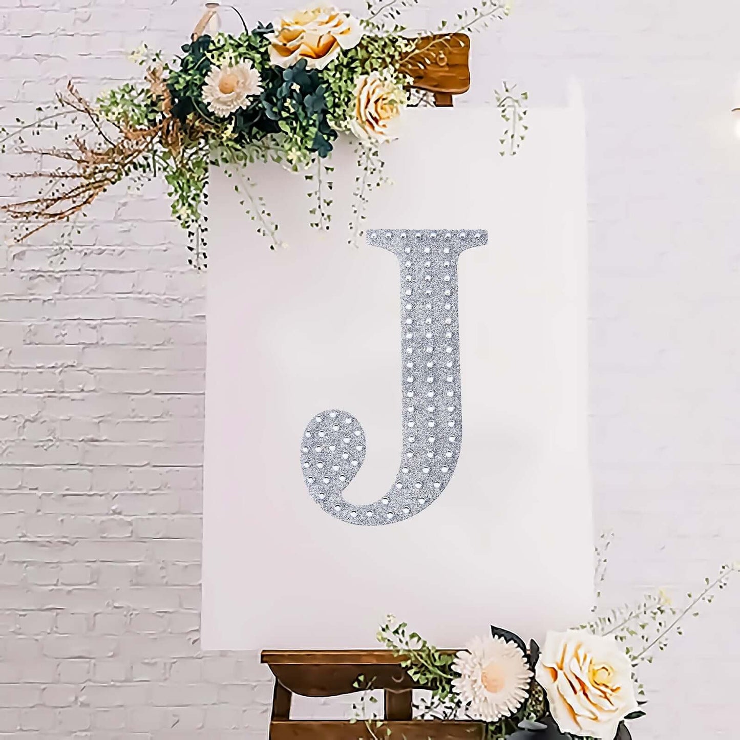 Decorative Rhinestone Alphabet "J" Letter Stickers, Glitter Adhesive Craft Letters Silver DIY Sparkle Embellishments 8"