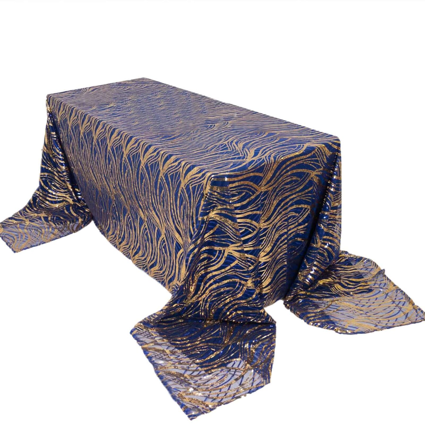 Mesh 90"x156" Rectangle Tablecloth Royal Blue/Gold - Wave Sequin Embroidered Table Cover