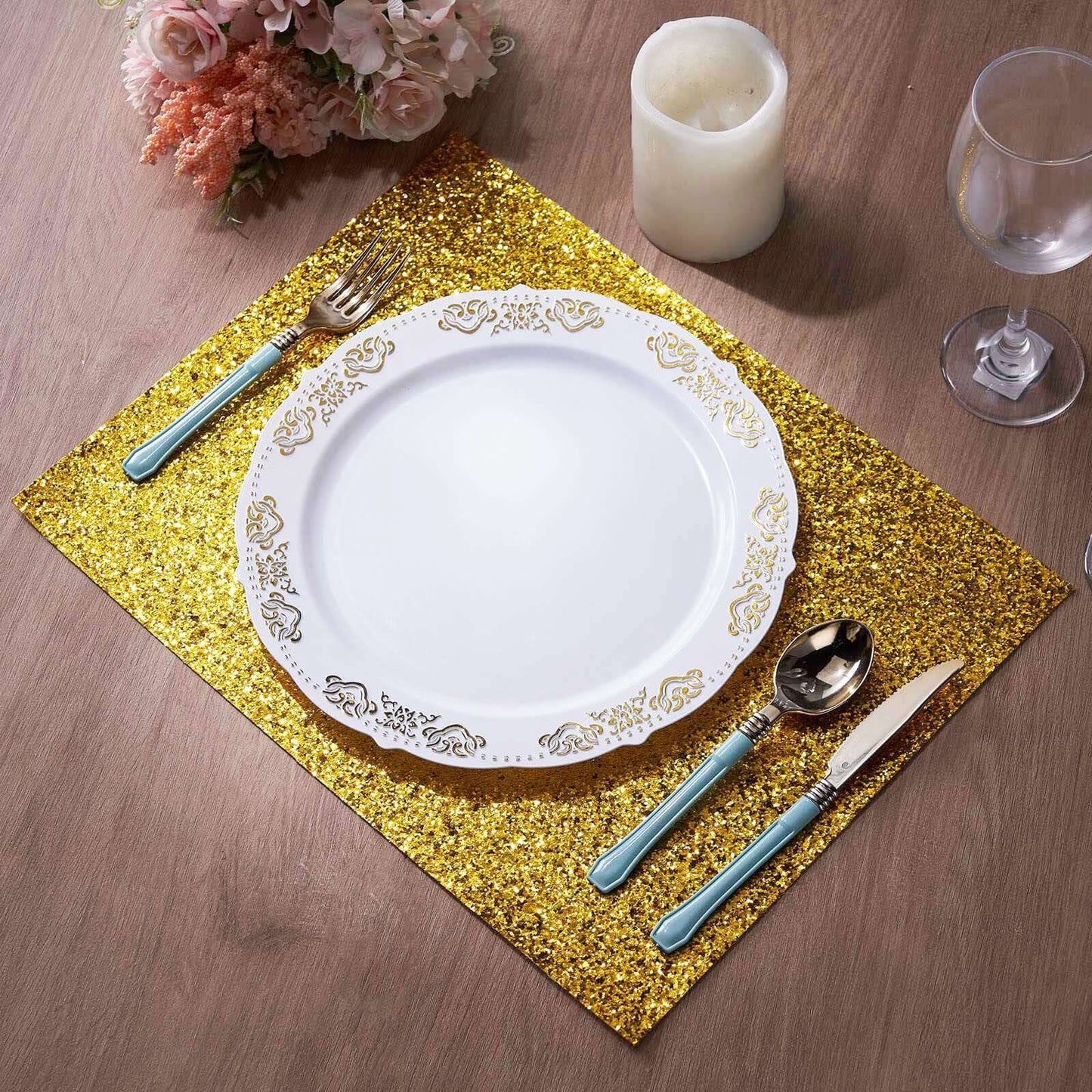 6-Pack Placemats Glitter Design Gold Sparkle Rectangle - Non-Slip Decorative Dining Table Mats 12"x18"