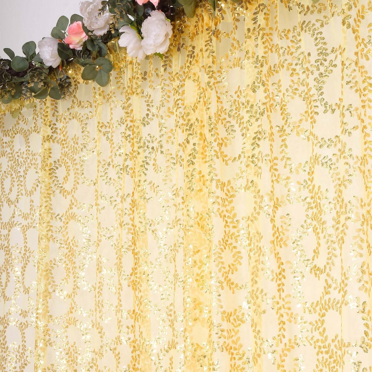 8ftx8ft Gold Embroider Sequin Event Curtain Drapes, Sparkly Sheer Backdrop Event Panel With Embroidery Leaf