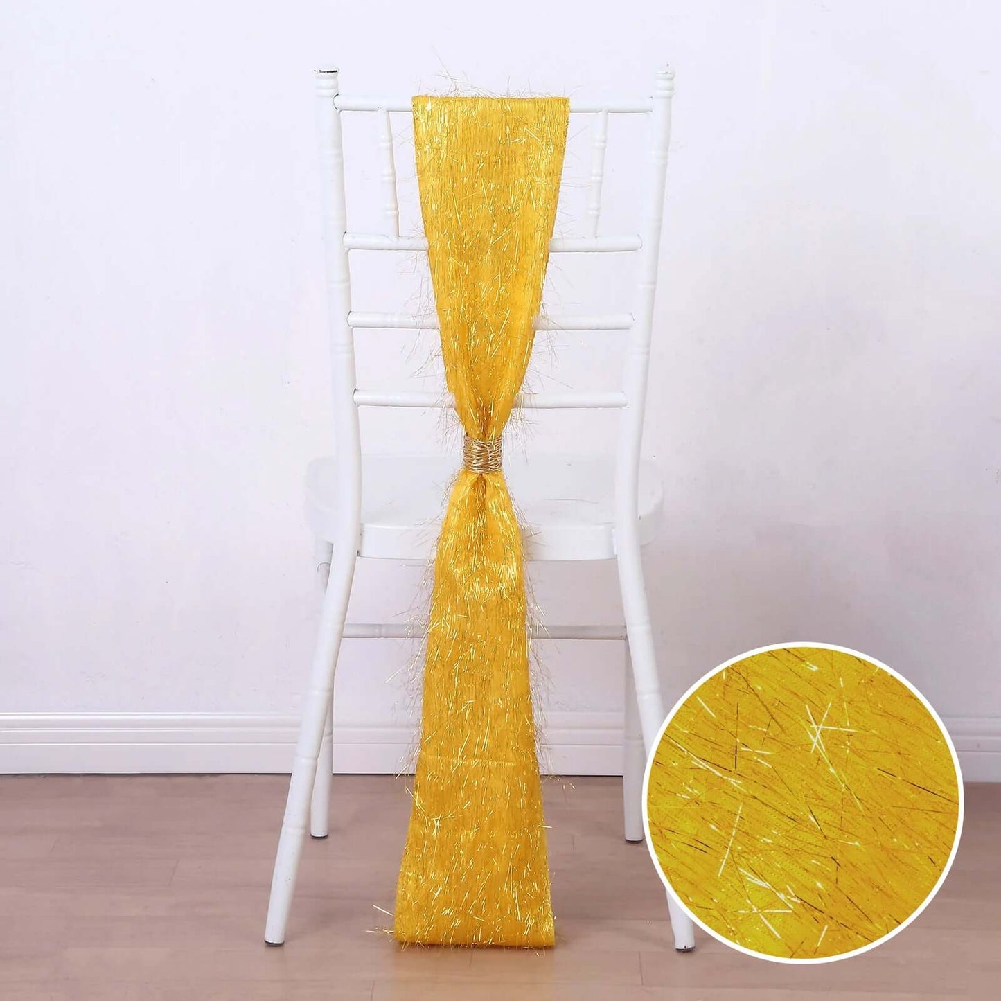 5 Pack Polyester Chair Sashes Gold Metallic Tinsel Fringe - Easy to Use Sparkly Chair Bows 6"x108"