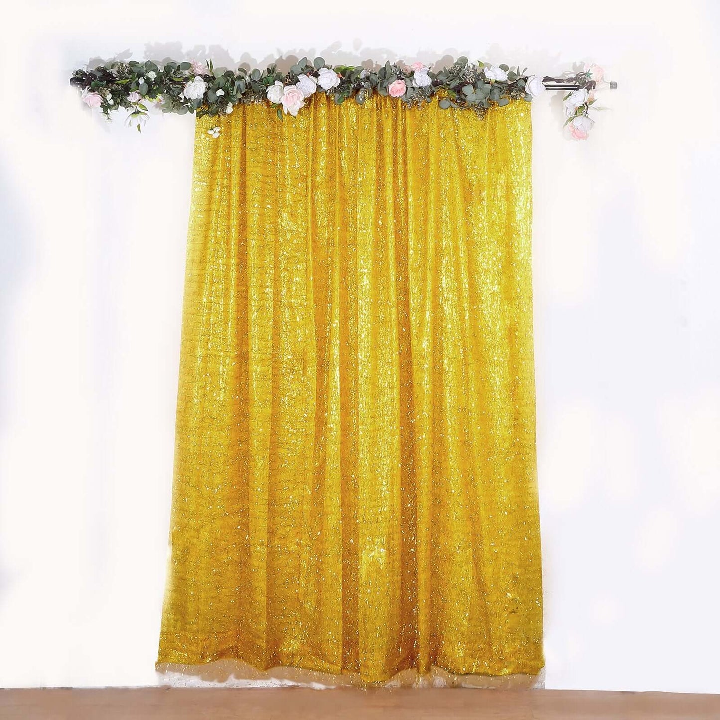 8ft Gold Metallic Fringe Shag Event Drapery Panel, Shimmery Tinsel Polyester Divider Backdrop Curtain