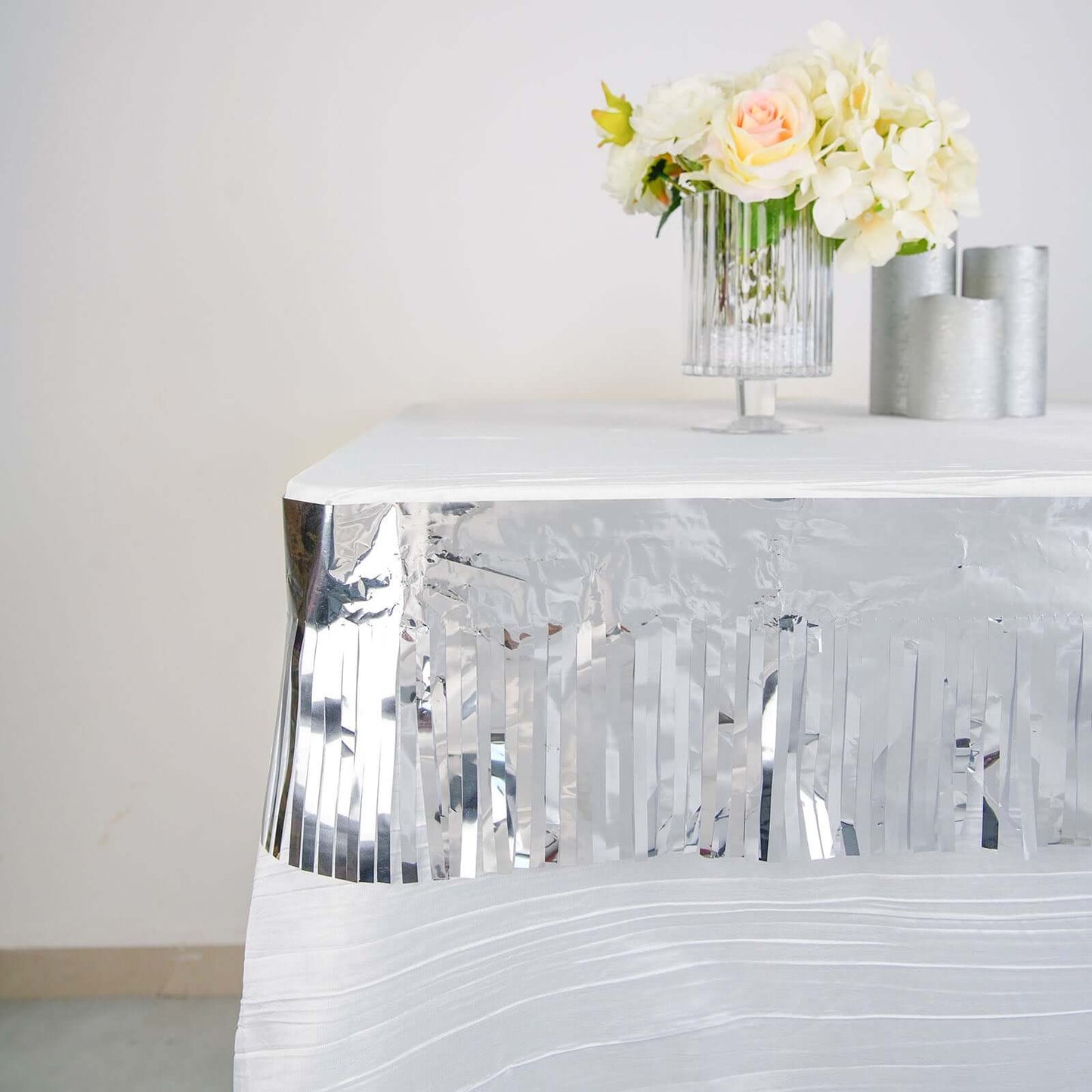 16ft Metallic Silver Foil Tassel Fringe Backdrop Banner, Tinsel Garland Decor