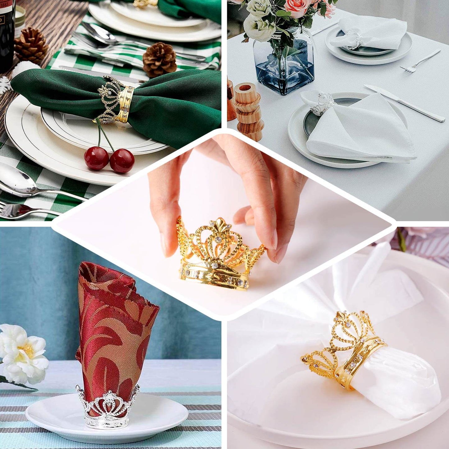 4 Pack Silver Metal Crown Rhinestone Napkin Rings, Royal Bling Napkin Holders