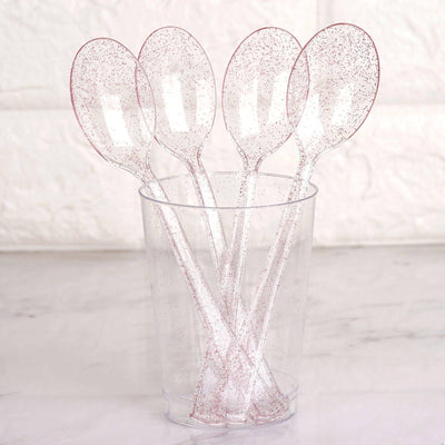 25-Pack Plastic Spoons Transparent Blush Glitter Classic Heavy Duty - Decorative Disposable Tableware 7"
