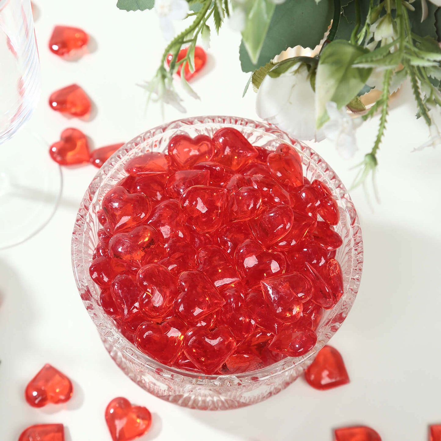 250 Pcs Acrylic Heart Diamond Gems Red Vase Fillers - Romantic Translucent Table Scatters for Valentineâ€™s Day & Events