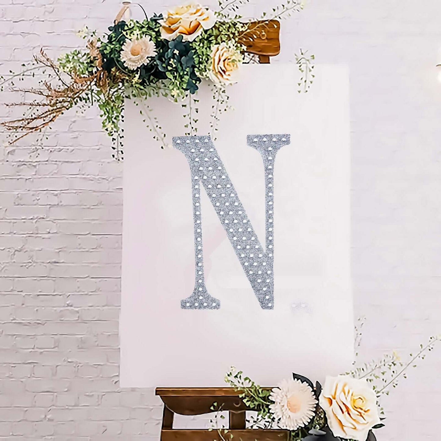 Decorative Rhinestone Alphabet "N" Letter Stickers, Glitter Adhesive Craft Letters Silver DIY Sparkle Embellishments 8"