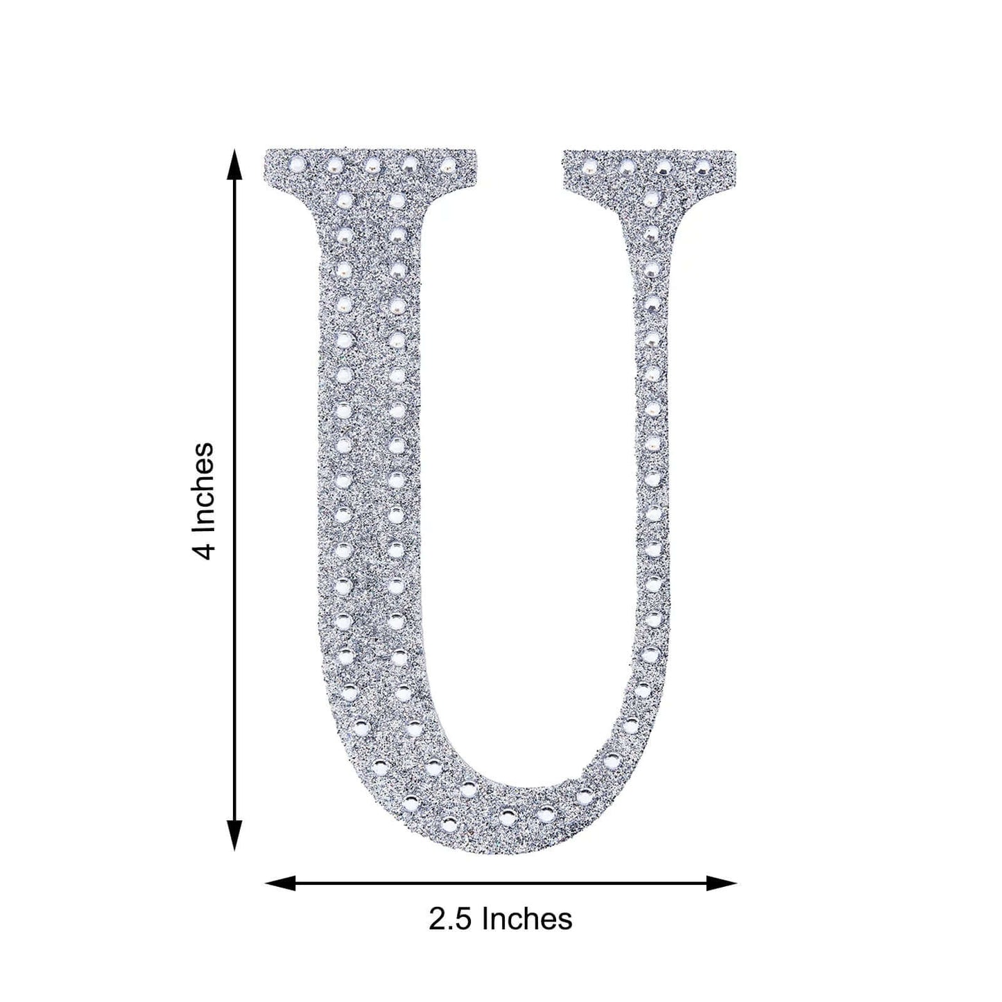 Decorative Rhinestone Alphabet "U" Letter Stickers, Glitter Adhesive Craft Letters Silver DIY Sparkle Embellishments 4"