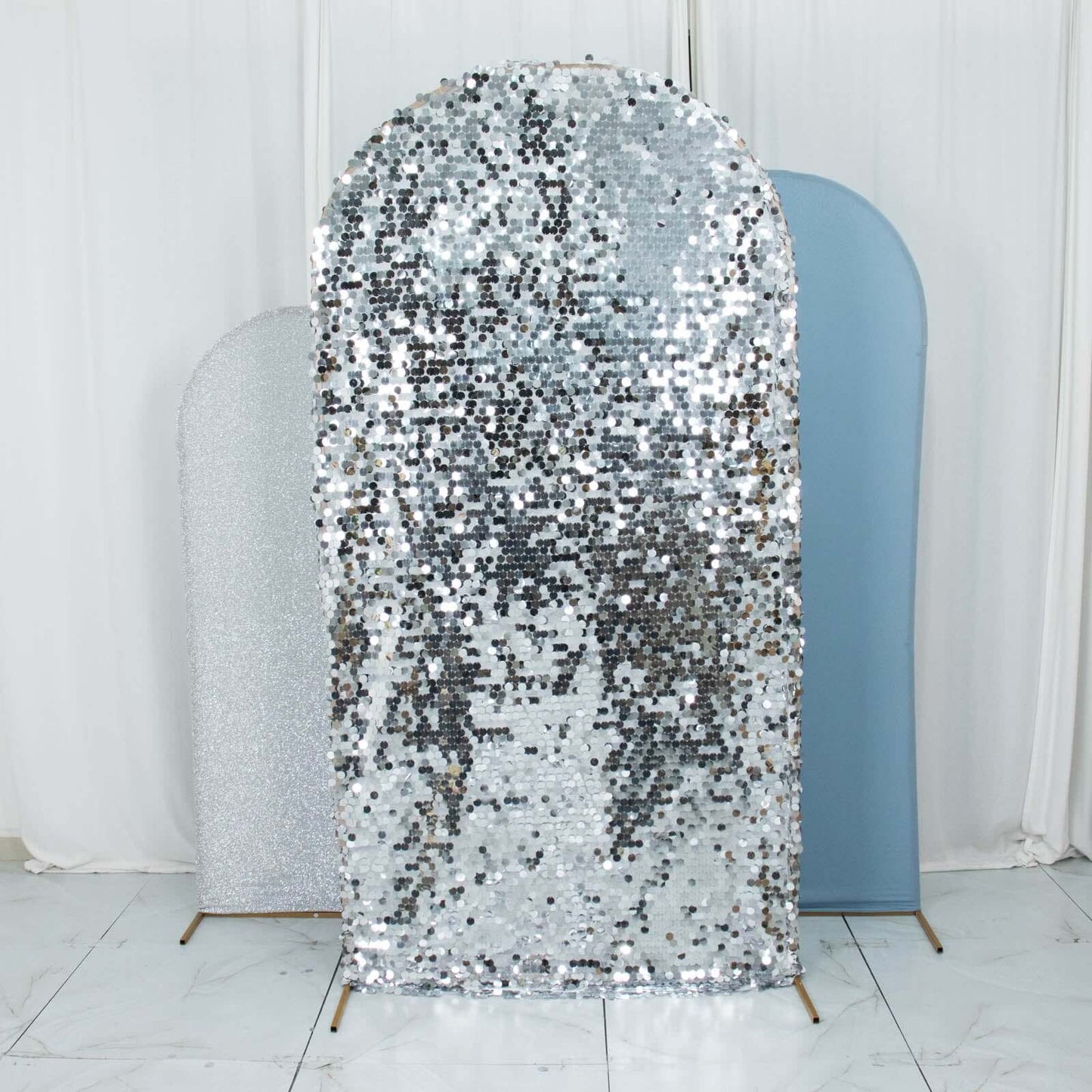 Set of 3 Dusty Blue Silver Round Top Fit Wedding Arch Frame Covers, Big Payette Sequin, Shimmer Tinsel and Matte Spandex Backdrop Stand Covers