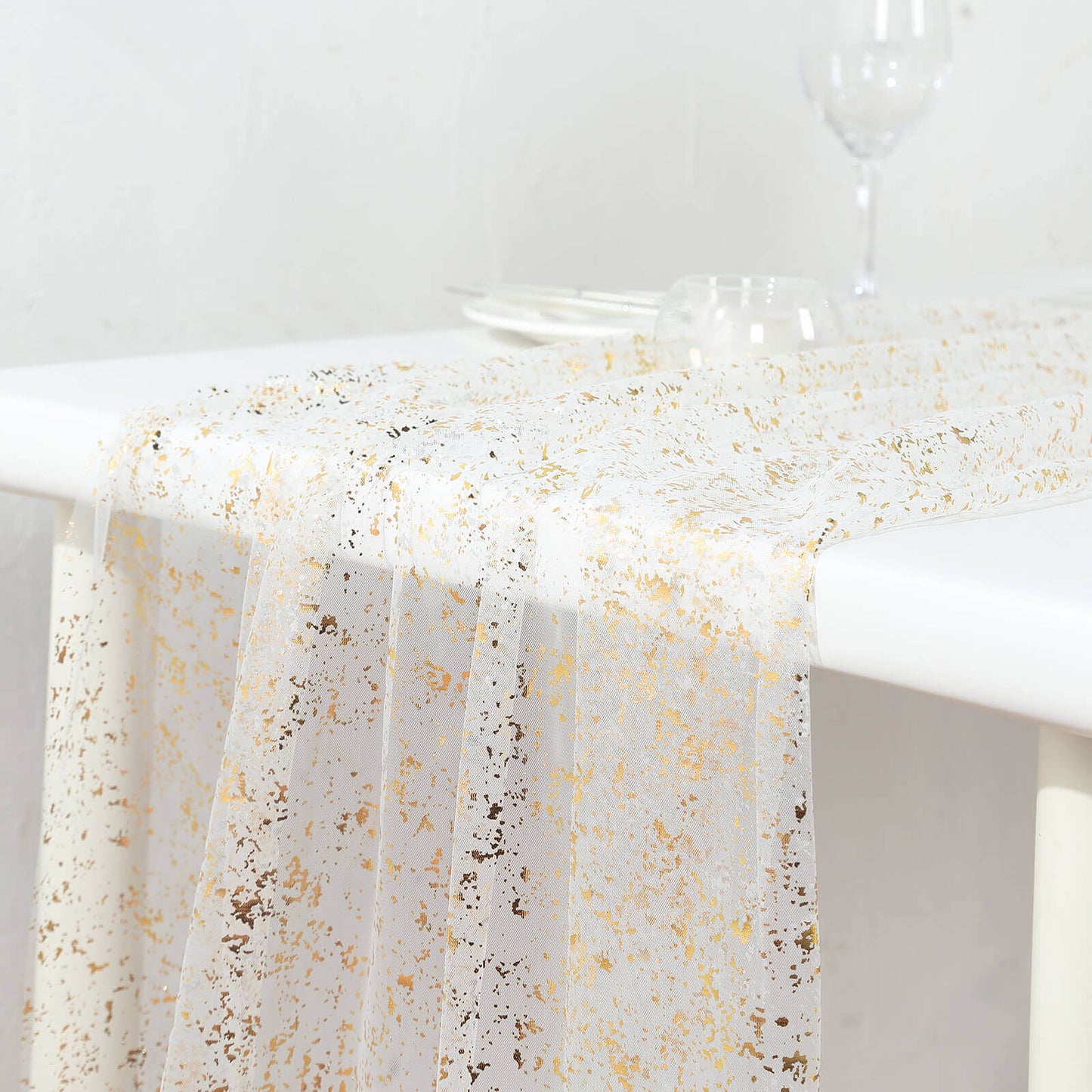 Sheer Chiffon 10ft Table Runner Metallic Gold Glittered Design - Sparkling Table Decor