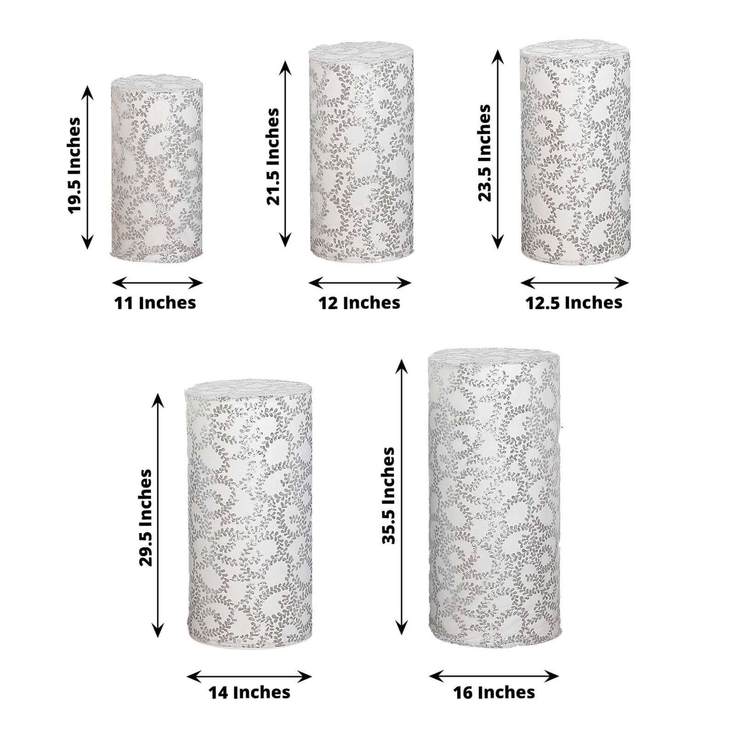Set of 5 Silver Sequin Mesh Cylinder Pedestal Stand Covers with Leaf Vine Embroidery, Sparkly Sheer Tulle Pillar Prop Covers