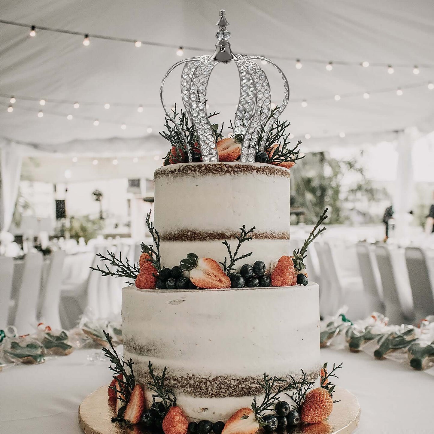 Crystal-Bead Royal Crown Cake Topper Metallic Silver - Dazzling Cake Centerpiece Decor for Luxurious Birthdays Receptions & Romantic Celebrations 14"