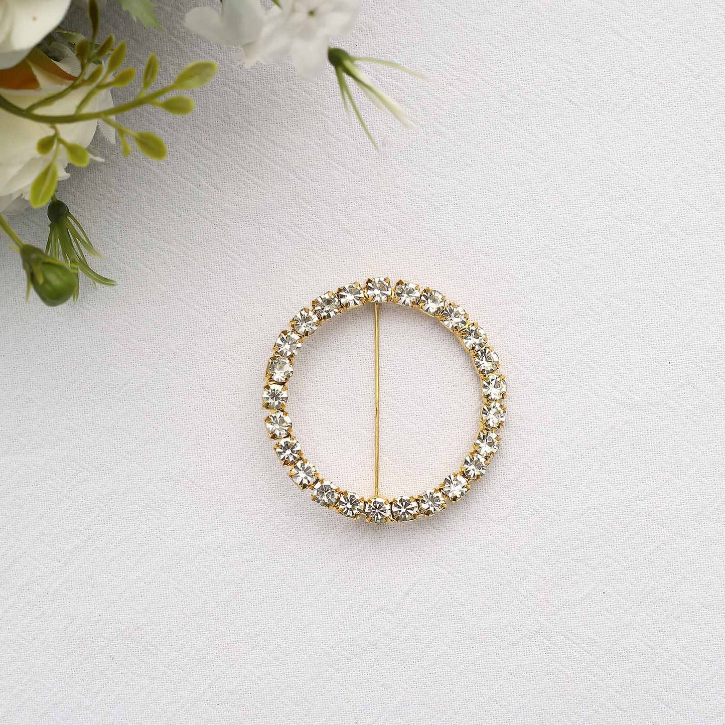 Rhinestone Chair Sash Band Buckle Gold 2" Circle Metal - Glittering Diamond Bow Pin for Chair Sashes & Wedding Decor