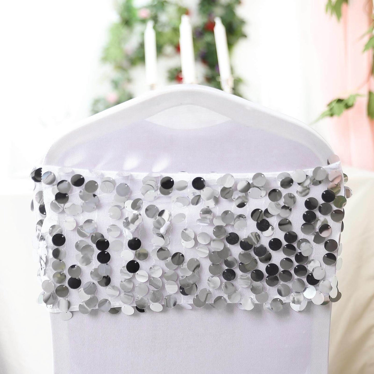 5 Pack Big Payette Sequin 13"x10" Chair Sash Bands Silver - Stylish Glittering Decor for Weddings & Gatherings