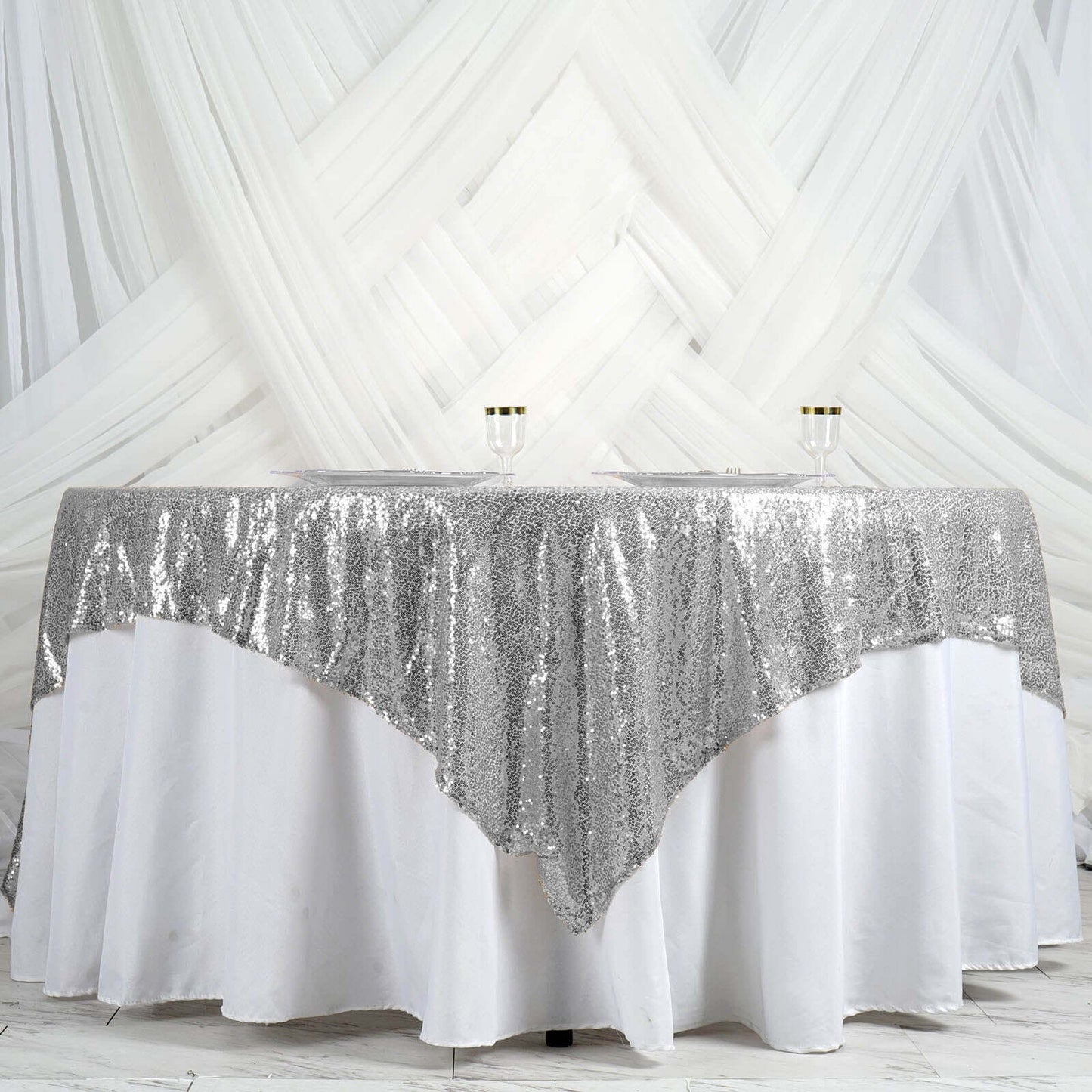 Sequin 90"x90" Table Overlay Square Tablecloth Silver - Sparkly Table Cover