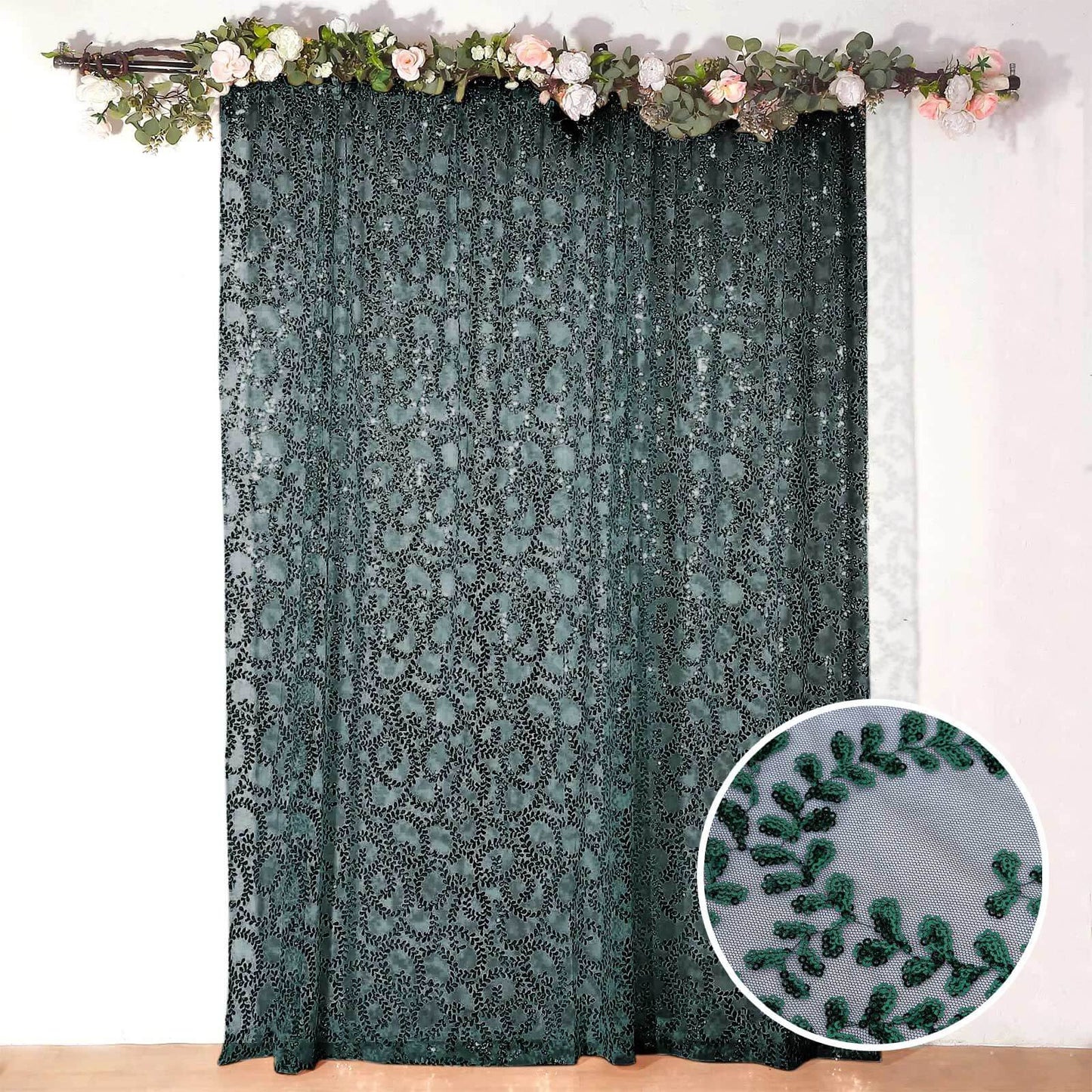 8ftx8ft Hunter Emerald Green Embroider Sequin Event Curtain Drapes, Sparkly Sheer Backdrop Event Panel With Embroidery Leaf