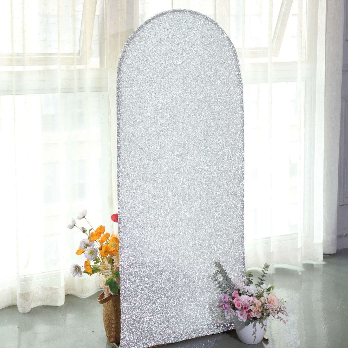 5ft Silver Shimmer Tinsel Spandex Chiara Backdrop Stand Cover For Fitted Round Top Wedding Arch