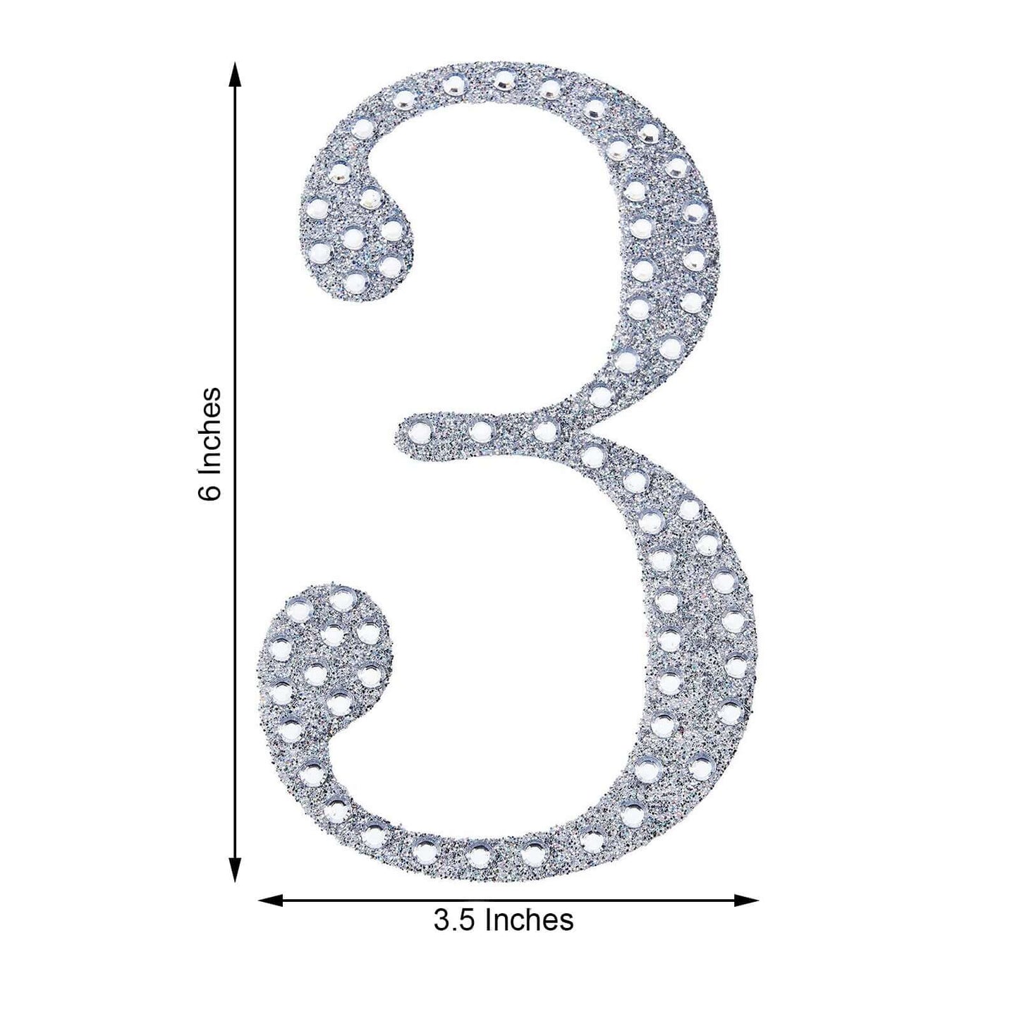 Decorative Rhinestone Number "3" Stickers, Glitter Adhesive Craft Numbers Silver DIY Sparkle Embellishments 6"