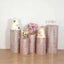 Set of 5 Rose Gold Sequin Mesh Cylinder Pedestal Stand Covers with Geometric Pattern Embroidery, Sparkly Sheer Tulle Pillar Prop Covers