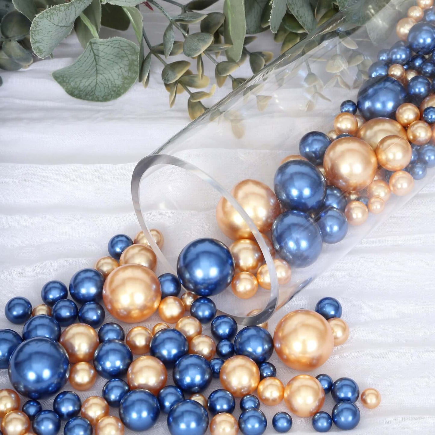200Pcs Assorted Pearl Beads Vase Fillers in Navy Blue and Gold - Lustrous DIY Craft Bead Set