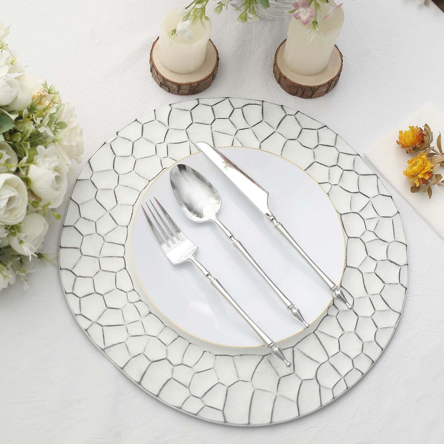 6-Pack Round Charger Plates 13" in White with Hammered Rim, Matte Finish Modern Dinner Charger Tableware