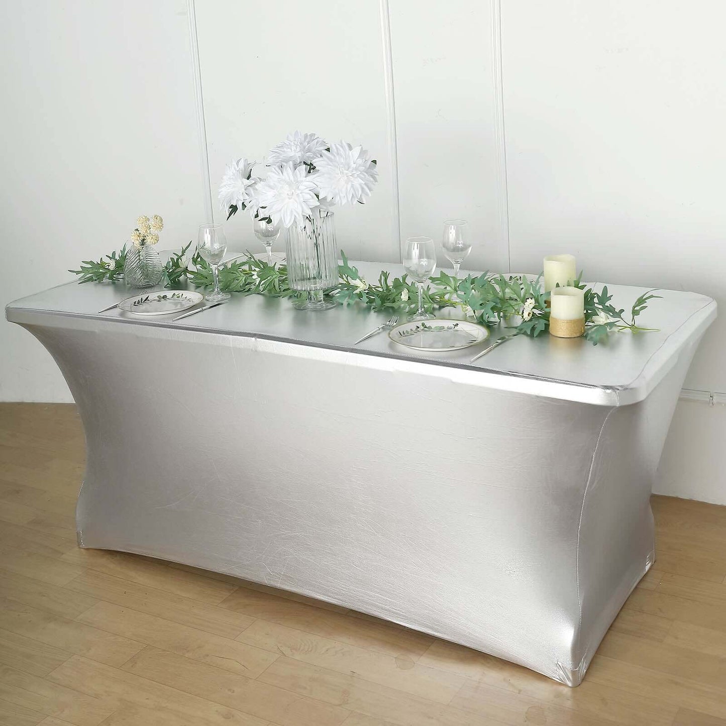 Stretch Spandex 72"x30" Rectangle Tablecloth Metallic Silver - Form-Fitting Table Cover